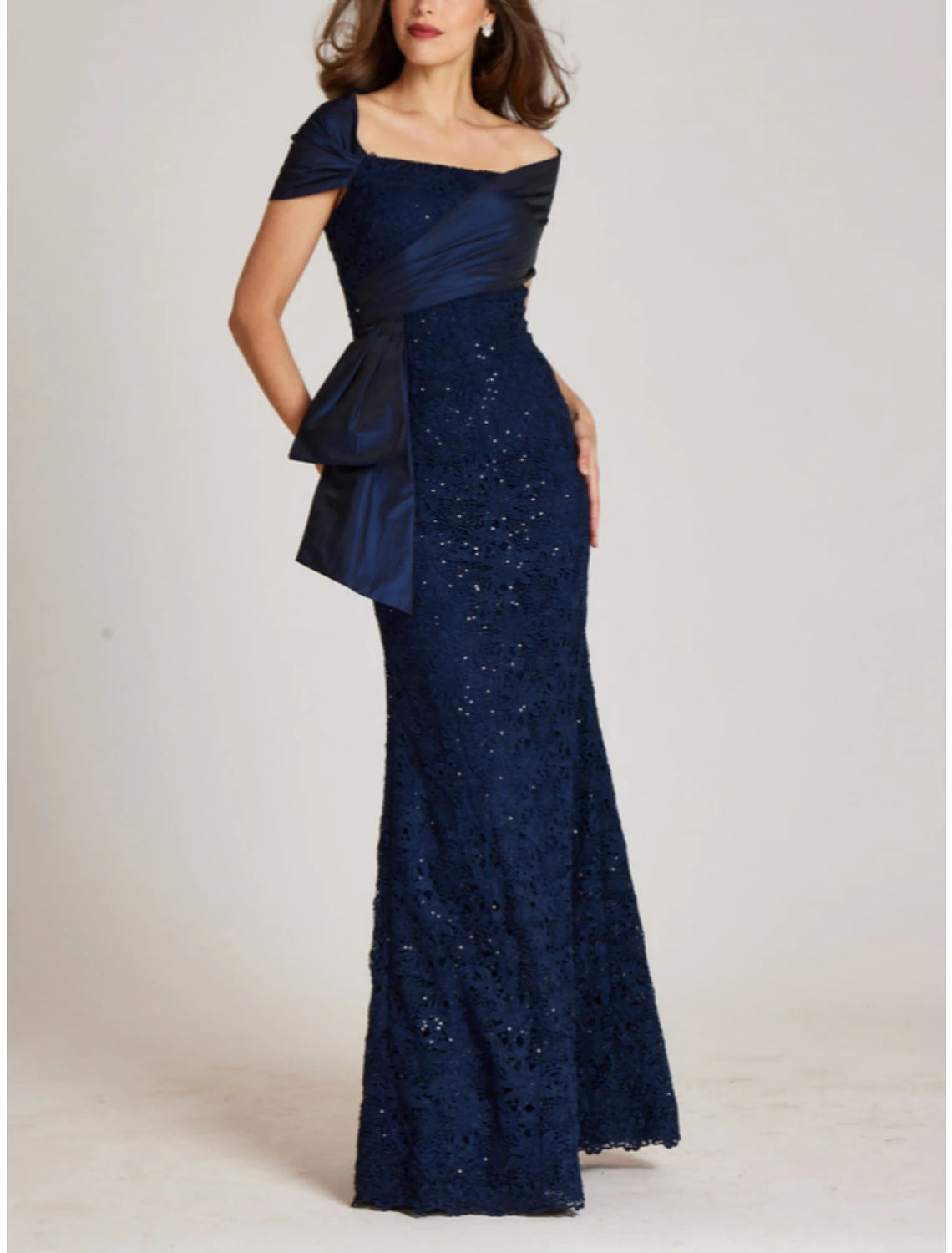 Dark Navy Lace Off-the-Shoulder Sheath Floor-Length Evening Dress