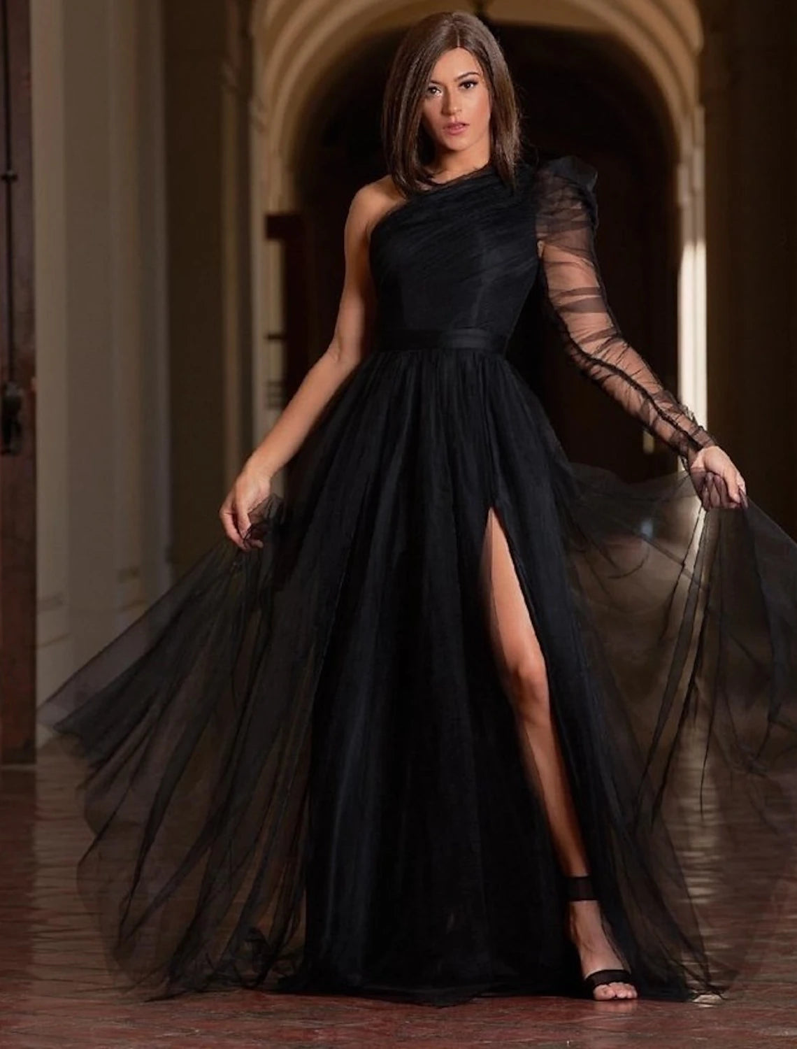 Vestidos de fiesta de corte A, talla grande, para invitados de boda, formales, de noche, con cola larga, de un solo hombro, de tul, con abertura, de la familia Addams, color puro