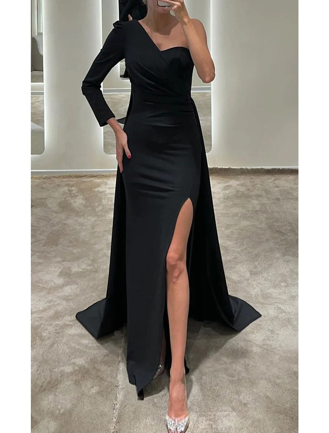 Mermaid / Trumpet Evening Gown Elegant Dress Formal Christmas Floor Length Long Sleeve One Shoulder Fall Wedding Guest  Fabric with Ruched Slit