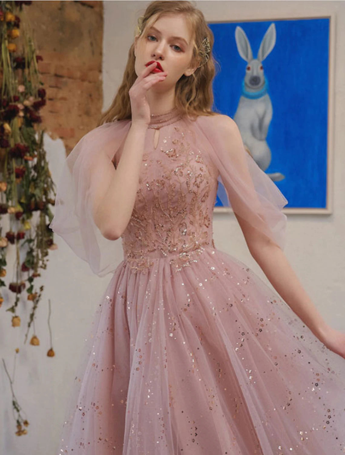 Vestido de cóctel de corte A, vestido de fiesta, graduación, compromiso, largo hasta la rodilla, manga 3/4, cuello joya, tul con apliques de lentejuelas