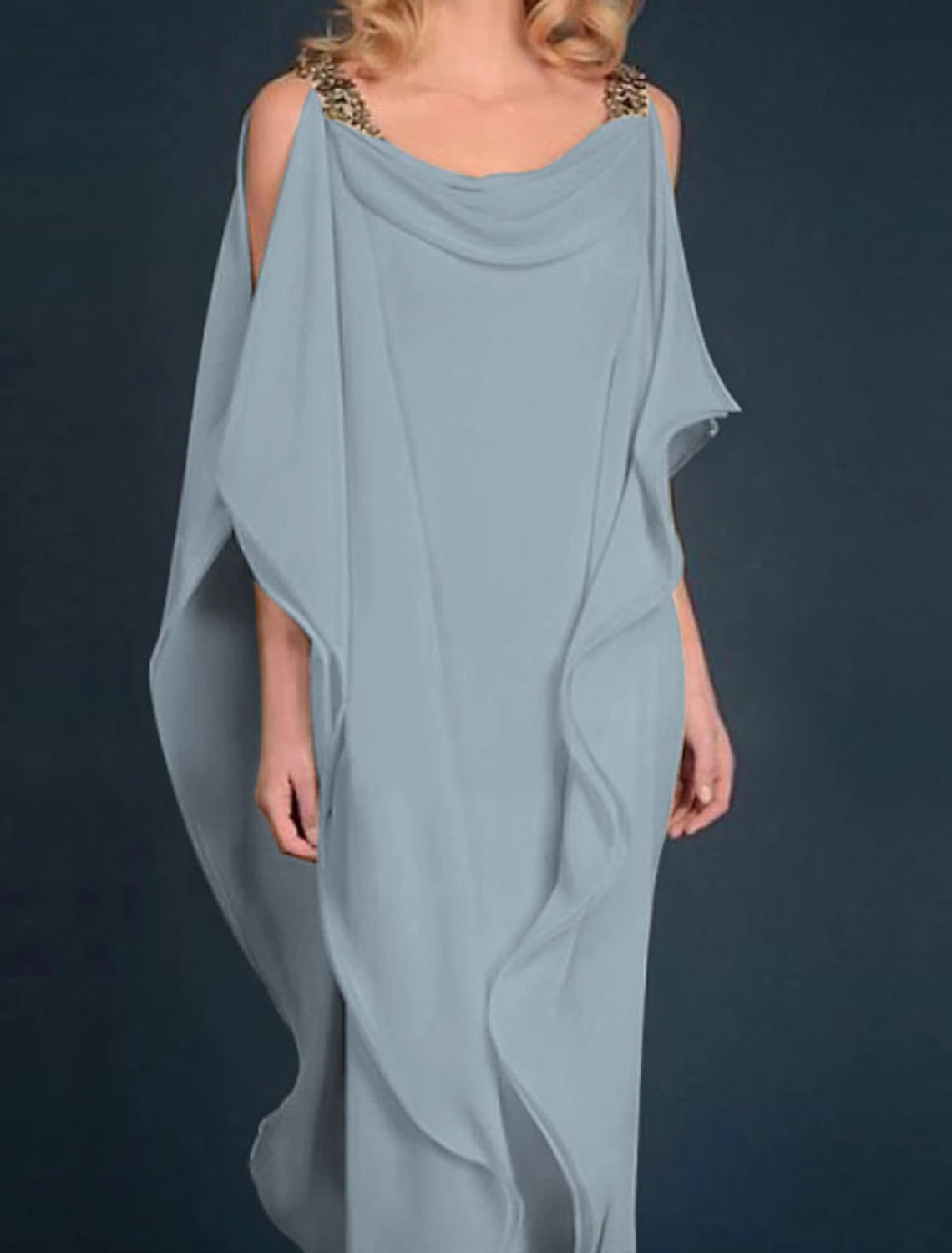 Abito da madre della sposa a tubino, abito da cerimonia, elegante, in chiffon, con scollo gioiello, lunghezza pavimento, manica corta, perline, volant a cascata