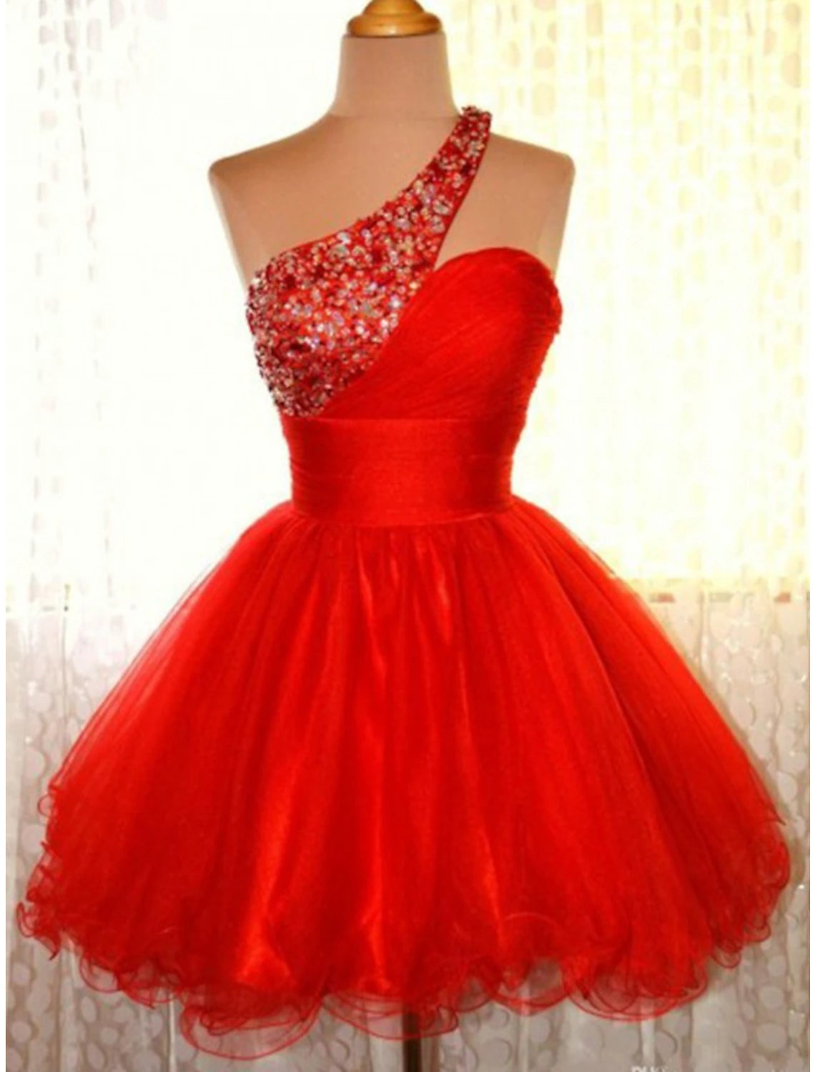 Red One Shoulder A-Line Short Dress with Sequin Bodice and Tulle Skirt