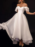 Ivory Satin A-Line Tea-Length Bridesmaid Dress with Sweetheart Neckline, Off-the-Shoulder Sleeves, and Layered Skirt