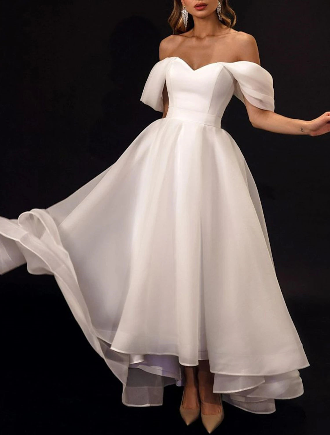 Ivory Satin A-Line Tea-Length Bridesmaid Dress with Sweetheart Neckline, Off-the-Shoulder Sleeves, and Layered Skirt