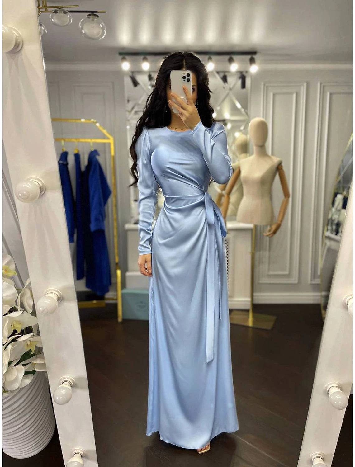 Olive Green Satin Sheath/column Floor-Length Dress with Scoop Neck and Draped Bodice
