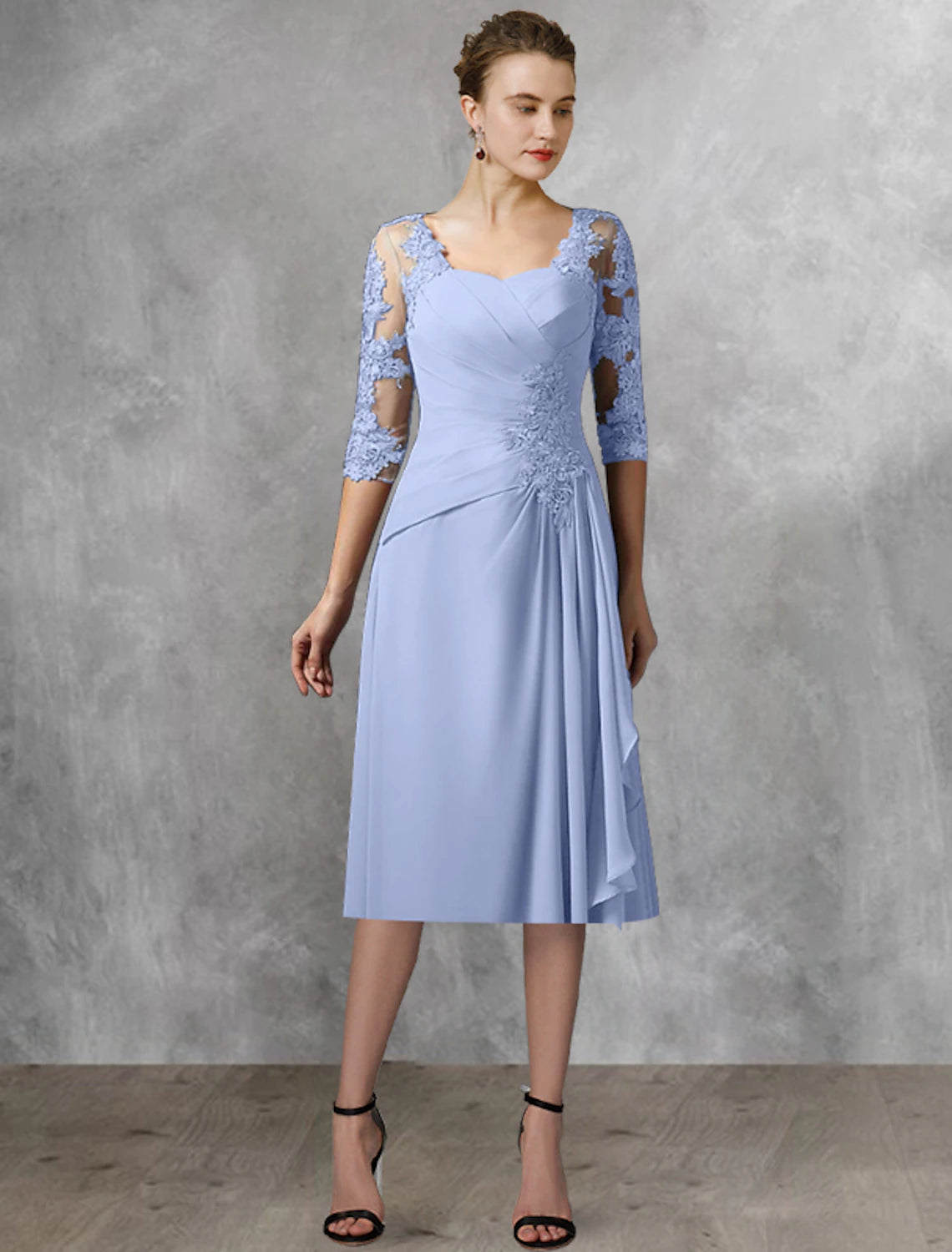 Lavender Lace Applique A-Line Tea-Length Bridesmaid Dress