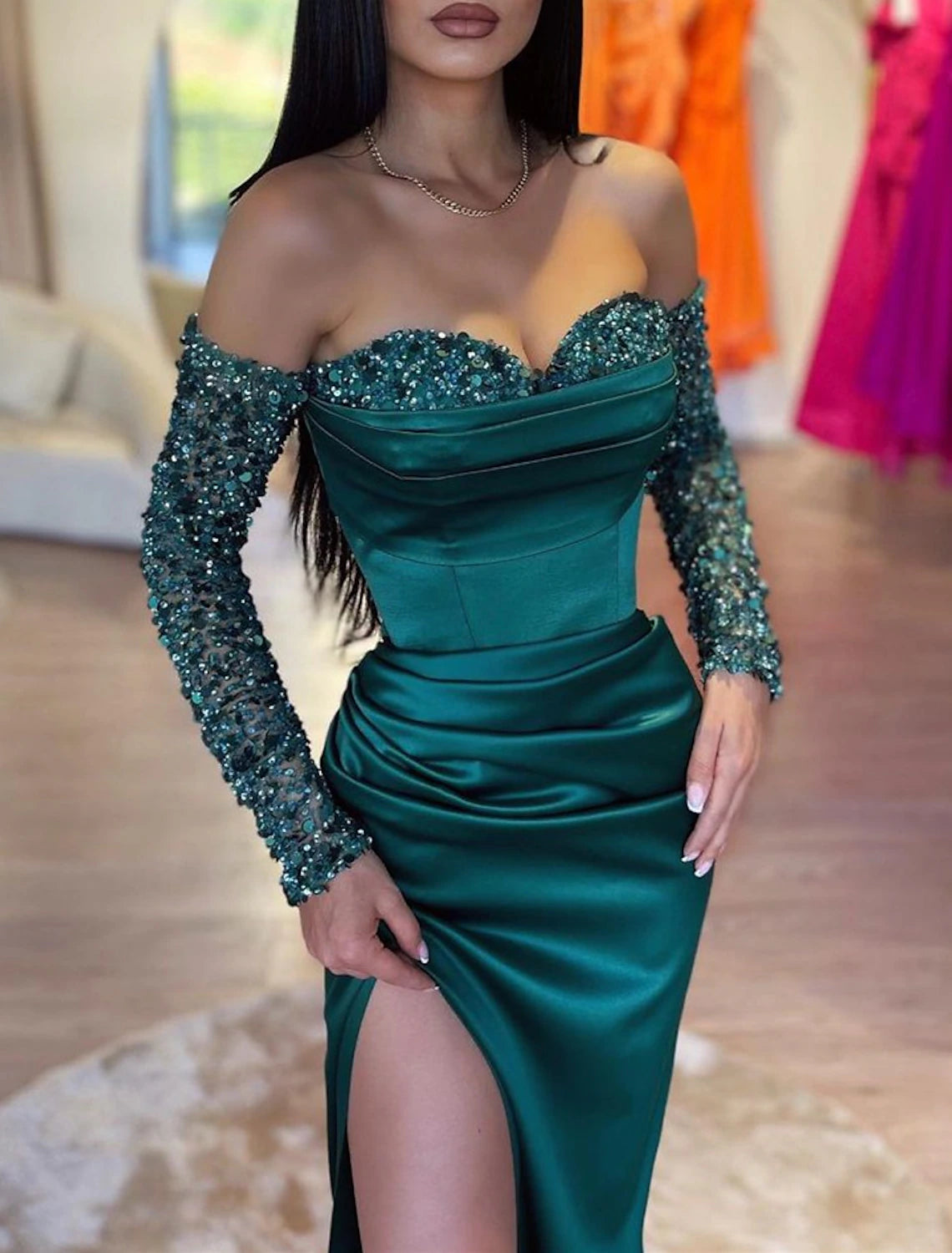 Mermaid Dress Evening Gown Christmas Red Green Dress Formal Masquerade Sweep / Brush Train Long Sleeve Off Shoulder Sequined with Ruched Sequin Slit 2025