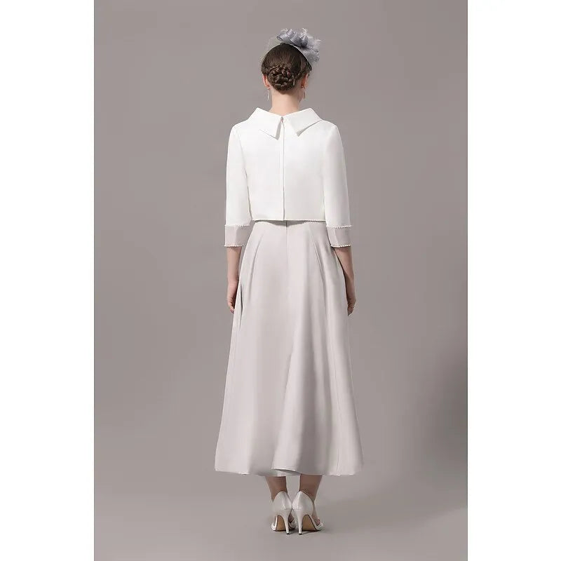 Abito da cerimonia per la madre della sposa in due pezzi, elegante, con scollo gioiello, lunghezza alla caviglia, in raso, maniche a 3/4, giacca corta con fiocco/i