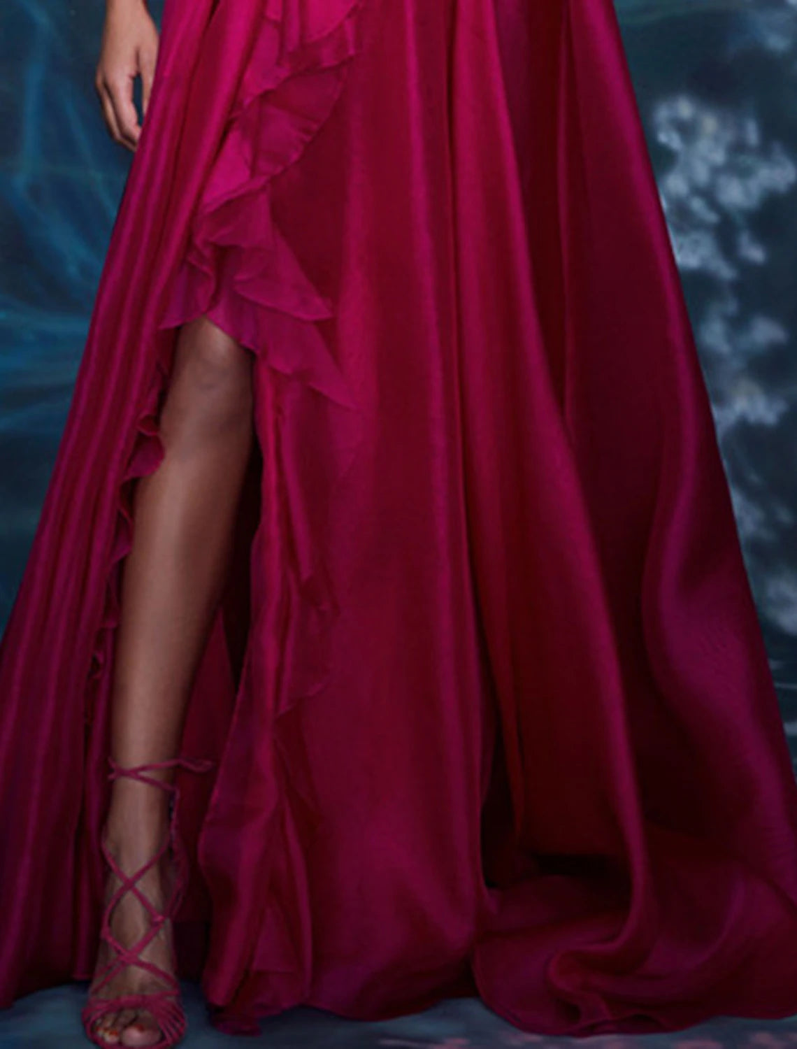 Vestido de noche estilo celebridad, corte en A, color rojo y verde, formal, para invitados de boda, largo hasta el suelo, sin mangas, escote en V, de gasa con abertura, color puro.