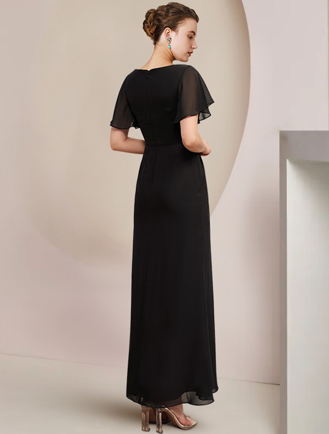 Black Chiffon A-Line Floor-Length Dress with Boat Neck and Draped Bodice for Formal Events