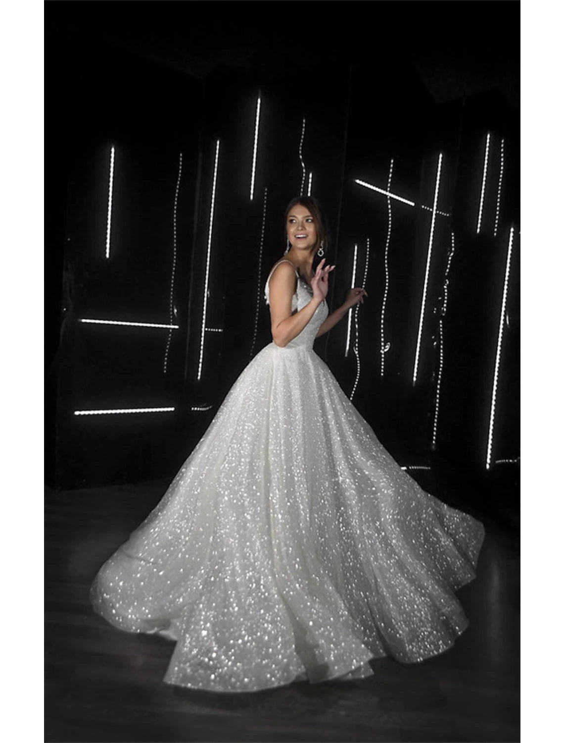 Vestidos de novia informales Hall Sparkle &amp; Shine, corte A, camisola, escote en V, tirantes finos, cola larga y lentejuelas, color liso, para bodas de verano y otoño 2025, ropa de mujer.