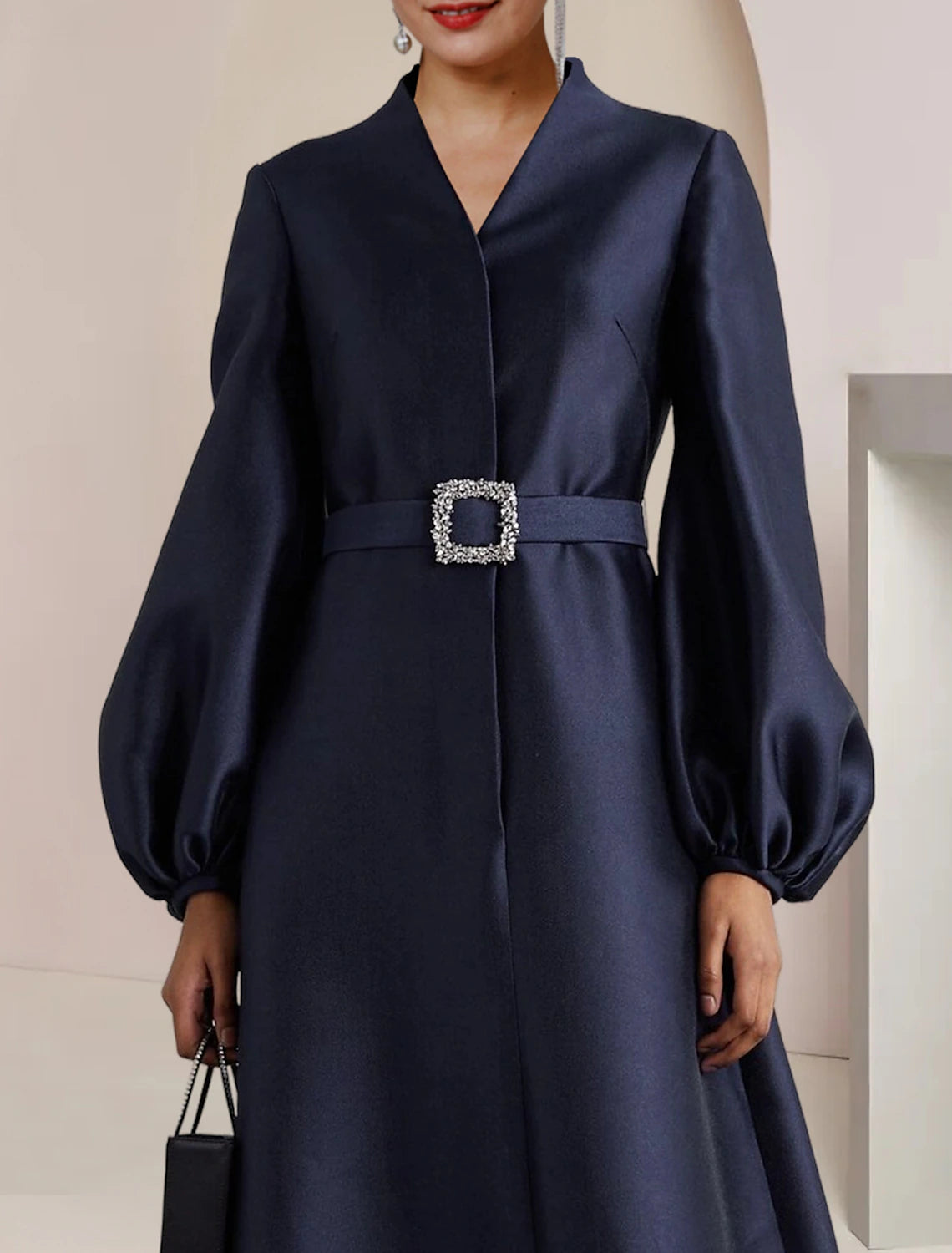 Dark Navy Satin A-Line V-Neck Floor-Length Evening Dress with Voluminous Sleeves