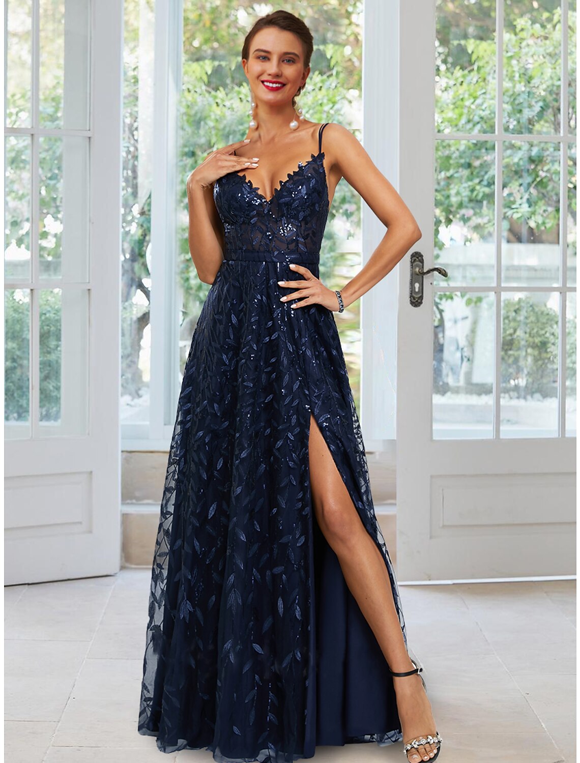 Dark Navy Sequin A-Line Floor-Length Dress with V-Neck & Backless Design