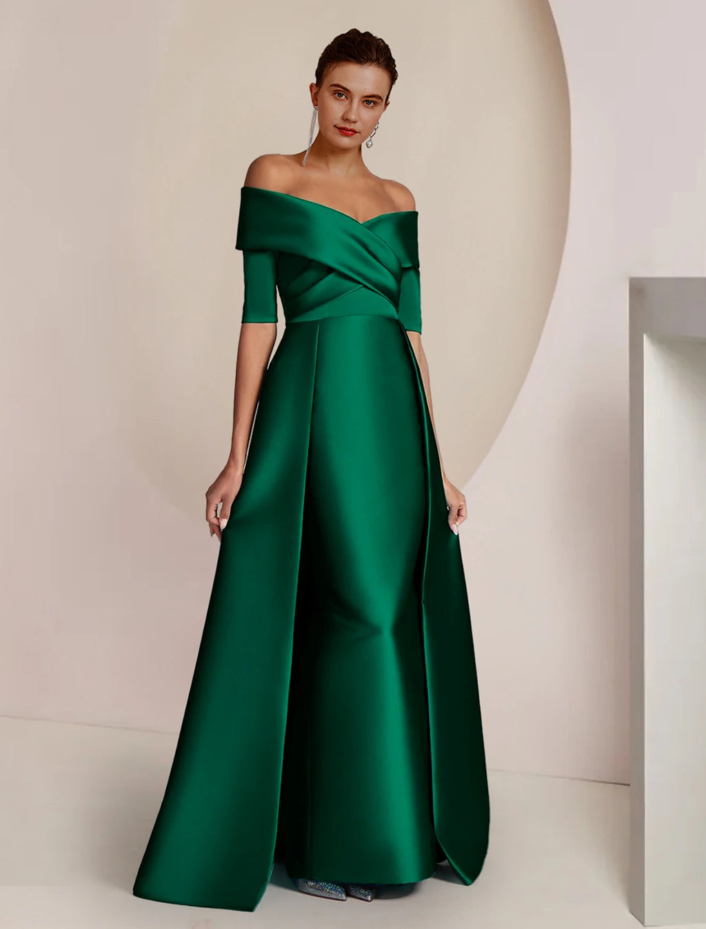 Emerald Green Satin Off-the-Shoulder A-Line Floor-Length Evening Dress