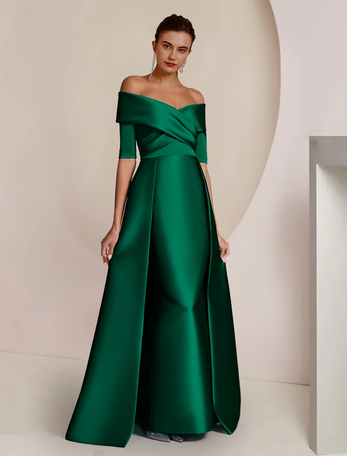 Emerald Green Satin Off-the-Shoulder A-Line Floor-Length Evening Dress