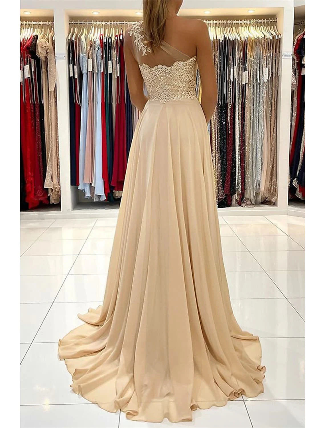Champagne One Shoulder A-Line Floor-Length Evening Dress with Lace Appliqué