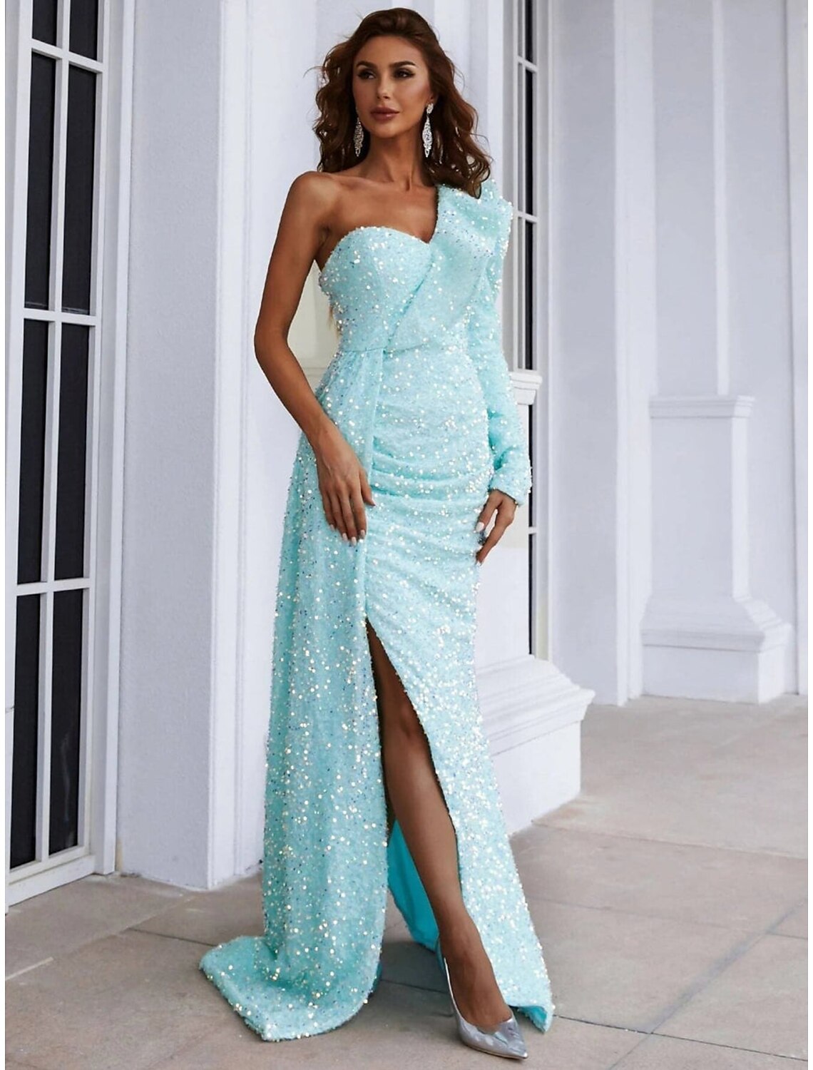 Pink Sequin One Shoulder Floor-Length Sheath/column Gown with Ruffles & High Slit