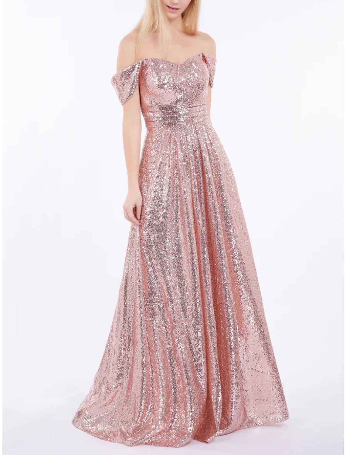 Abito da damigella d'onore a trapezio, elegante, con spalle scoperte, maniche corte, lunghezza al pavimento, paillettes e arricciature