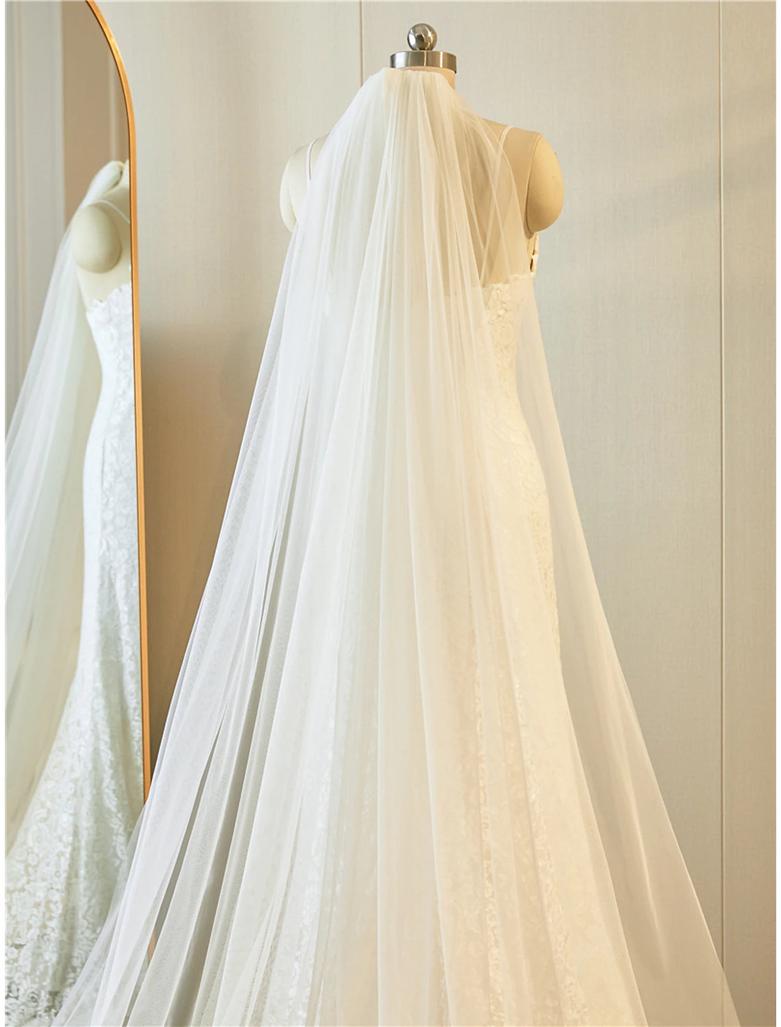 Ivory Lace Sheath/column Gown with Sweetheart Neckline & Embroidered Veil