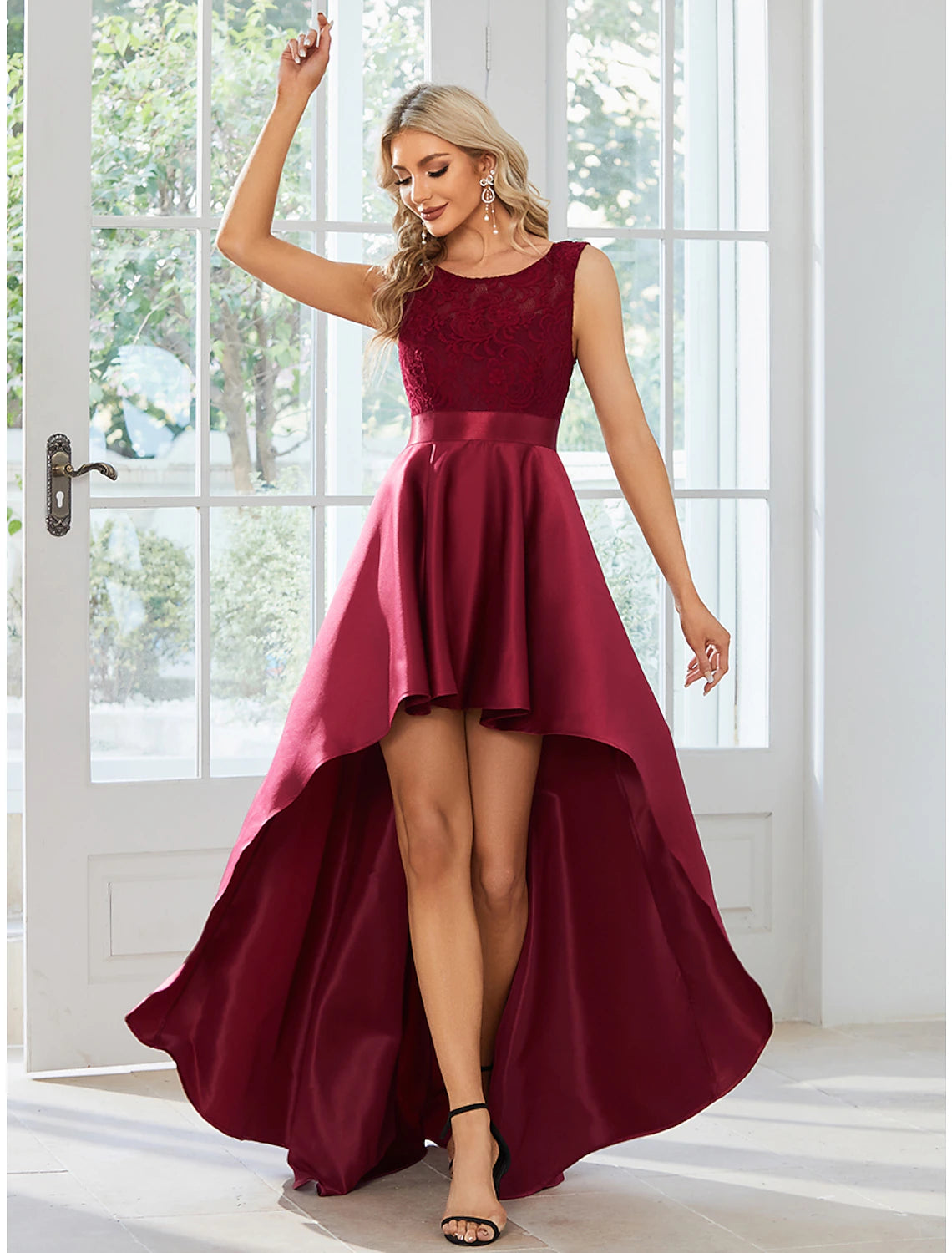 Dark Navy Lace & Satin A-Line High-Low Evening Dress