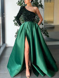 Vestido de noche de corte A, lujoso vestido rojo y verde para fiesta de graduación, boda, largo hasta el suelo, manga larga, un hombro, lentejuelas y abertura.