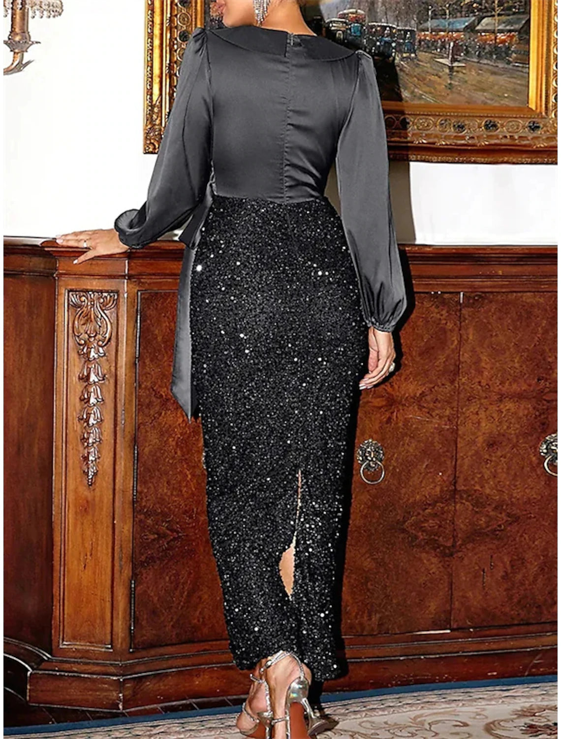 Black Sequin V-Neck Sheath/Column Ankle-Length Dress with Wrap Bodice