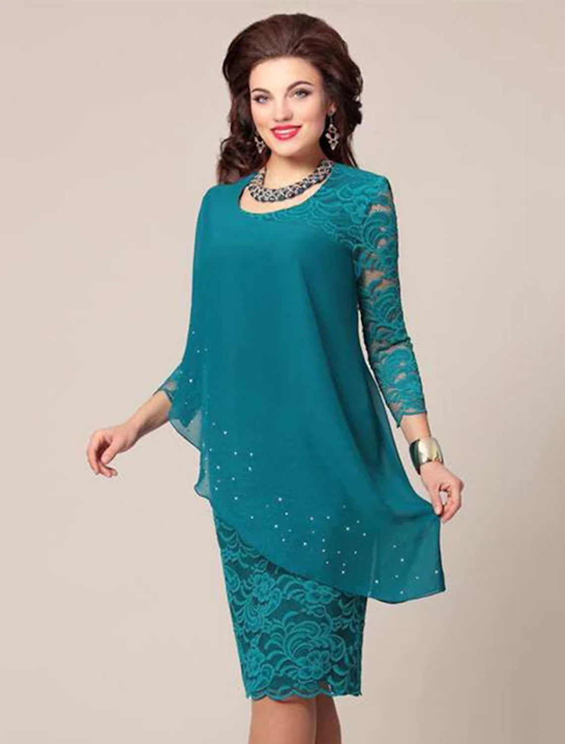 Abito da madre della sposa a tubino, semplice ed elegante, con scollo gioiello, lunghezza al ginocchio, in chiffon, maniche a 3/4, con pizzo, tinta unita