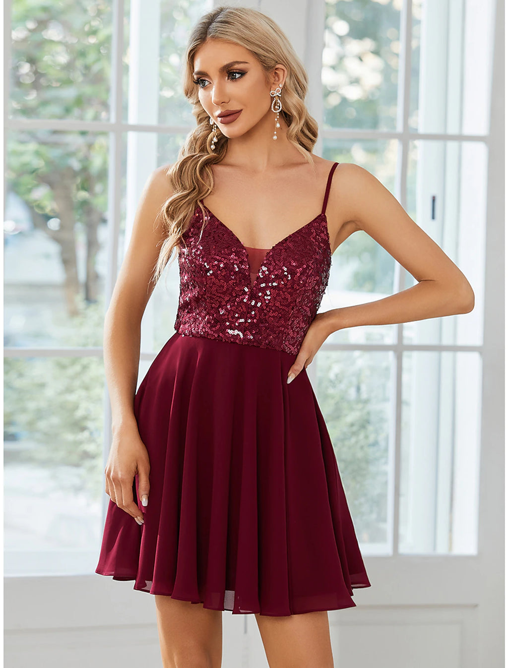 V-Neck Sequin A-Line Short Dress in Burgundy