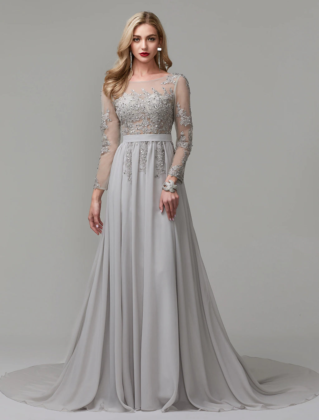 Grey Chiffon A-Line Floor-Length Evening Dress with Embellished Illusion Bodice