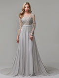 Grey Chiffon A-Line Floor-Length Evening Dress with Embellished Illusion Bodice
