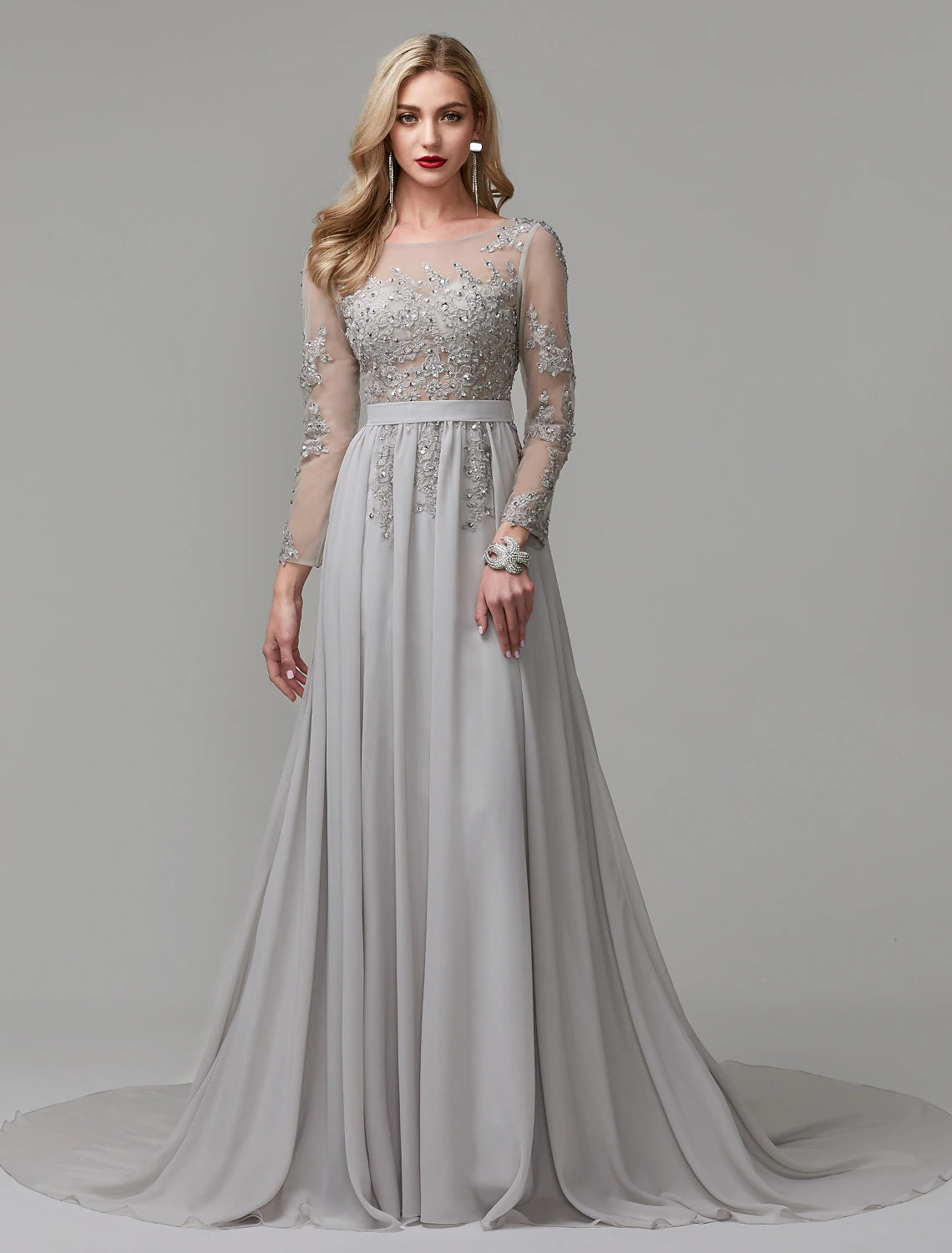 Grey Chiffon A-Line Floor-Length Evening Dress with Embellished Illusion Bodice