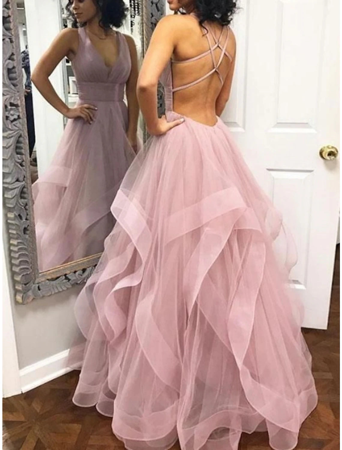 Vestido de fiesta con capas plisadas para invitada de boda, quinceañera, largo hasta el suelo, sin mangas, escote en V, organza, espalda descubierta y volantes cruzados 2025