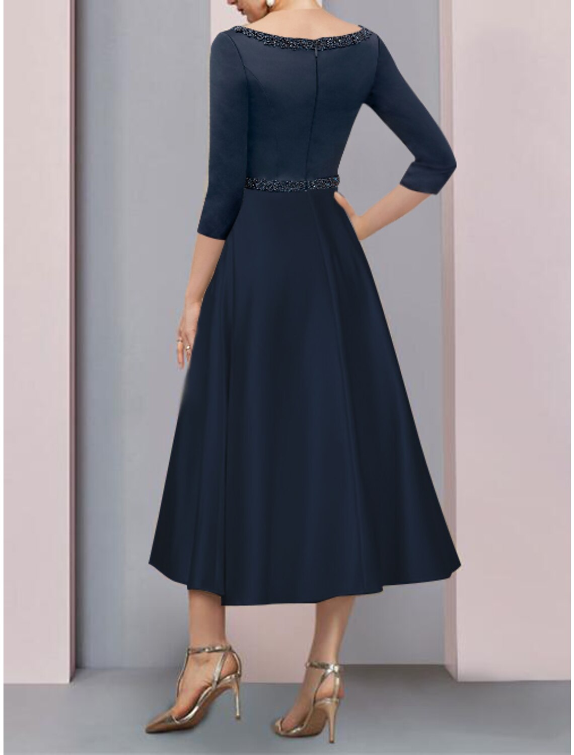Dark Navy Crepe Tea-Length A-Line Evening Dress with Beaded V-Neckline