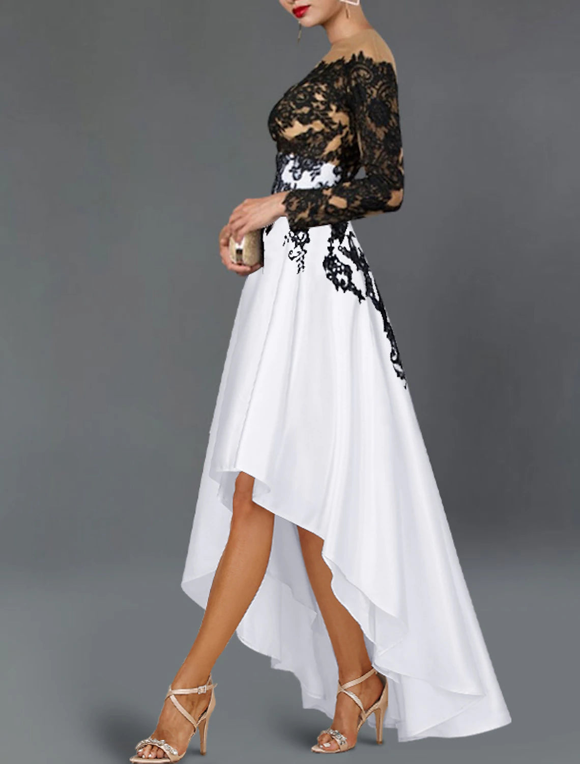Black Lace A-Line Asymmetrical Evening Dress