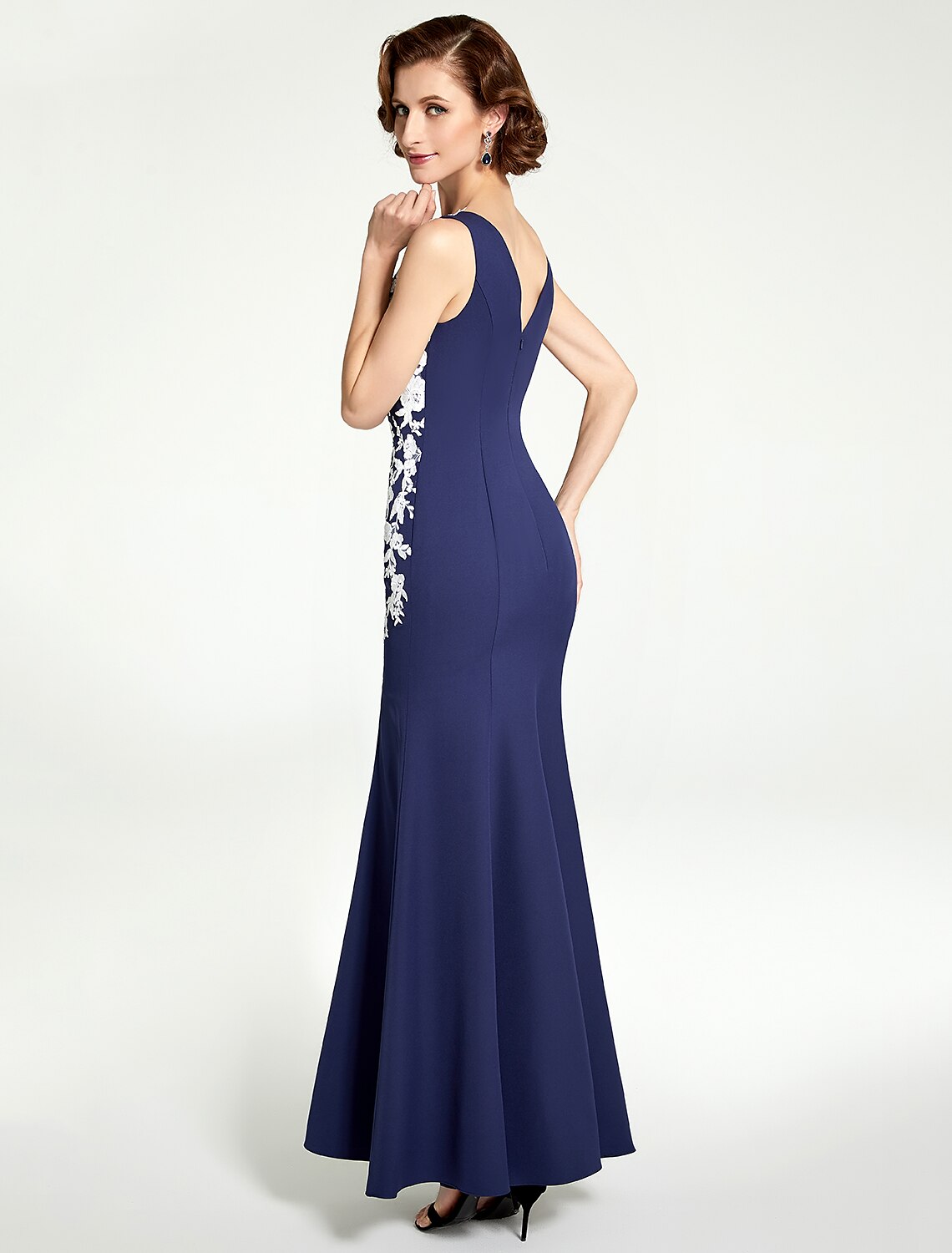 Vestido de madre de la novia de sirena/trompeta, cuello joya, largo hasta el suelo, gasa, encaje, sin mangas con encaje