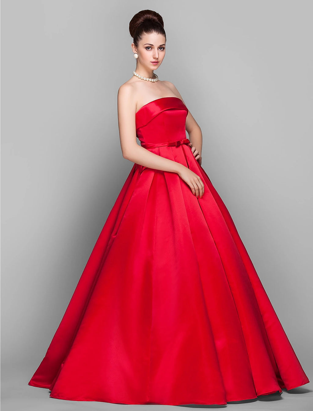 Vestido elegante de quinceañera para fiesta, largo hasta el suelo, sin mangas, sin tirantes, de satén con lazo(s)