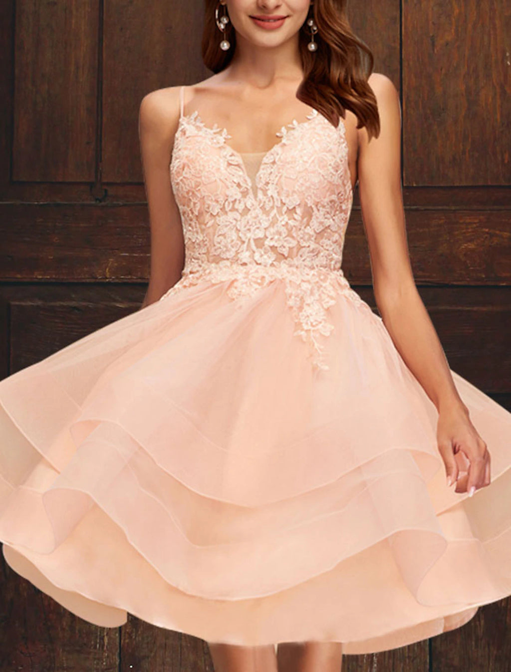 Blushing Pink A-Line Short Tulle Cocktail Dress with Lace Bodice & Tiered Skirt