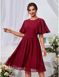 Abiti da sposa a trapezio, eleganti, da festa, lunghezza al ginocchio, maniche corte, scollo gioiello, in chiffon con pieghe e volant