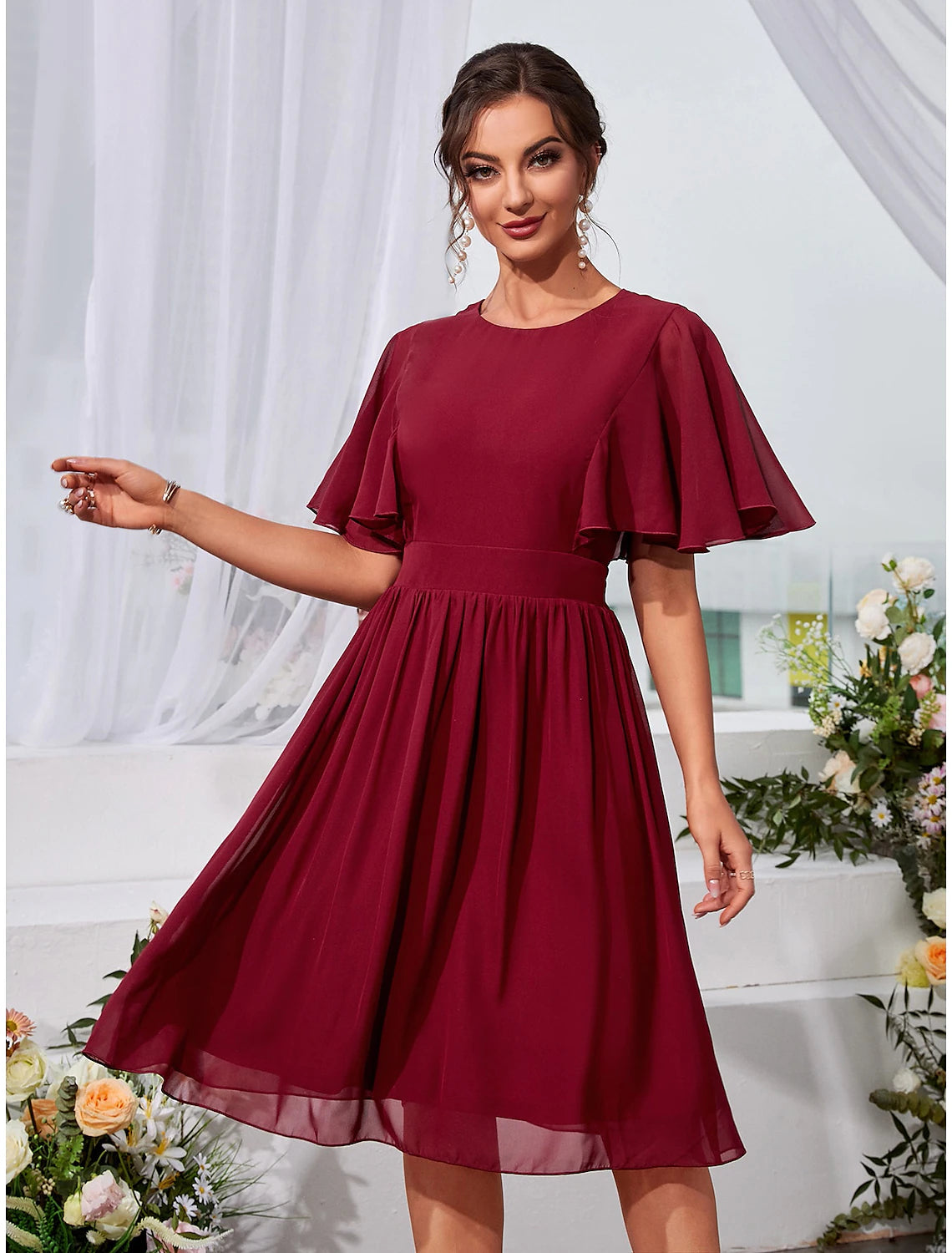 Burgundy Chiffon A-Line Midi Bridesmaid Dress with Flutter Sleeves