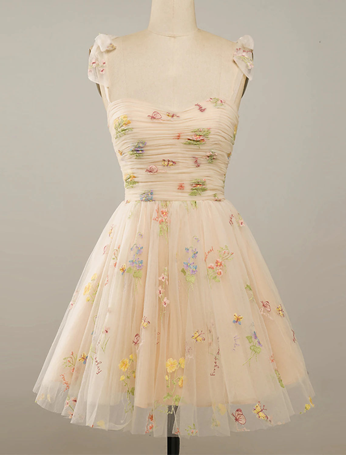Abiti da ballo a trapezio, abiti floreali, abiti da festa, estivi, corti/mini, senza maniche, spalline sottili, in tulle con ricami