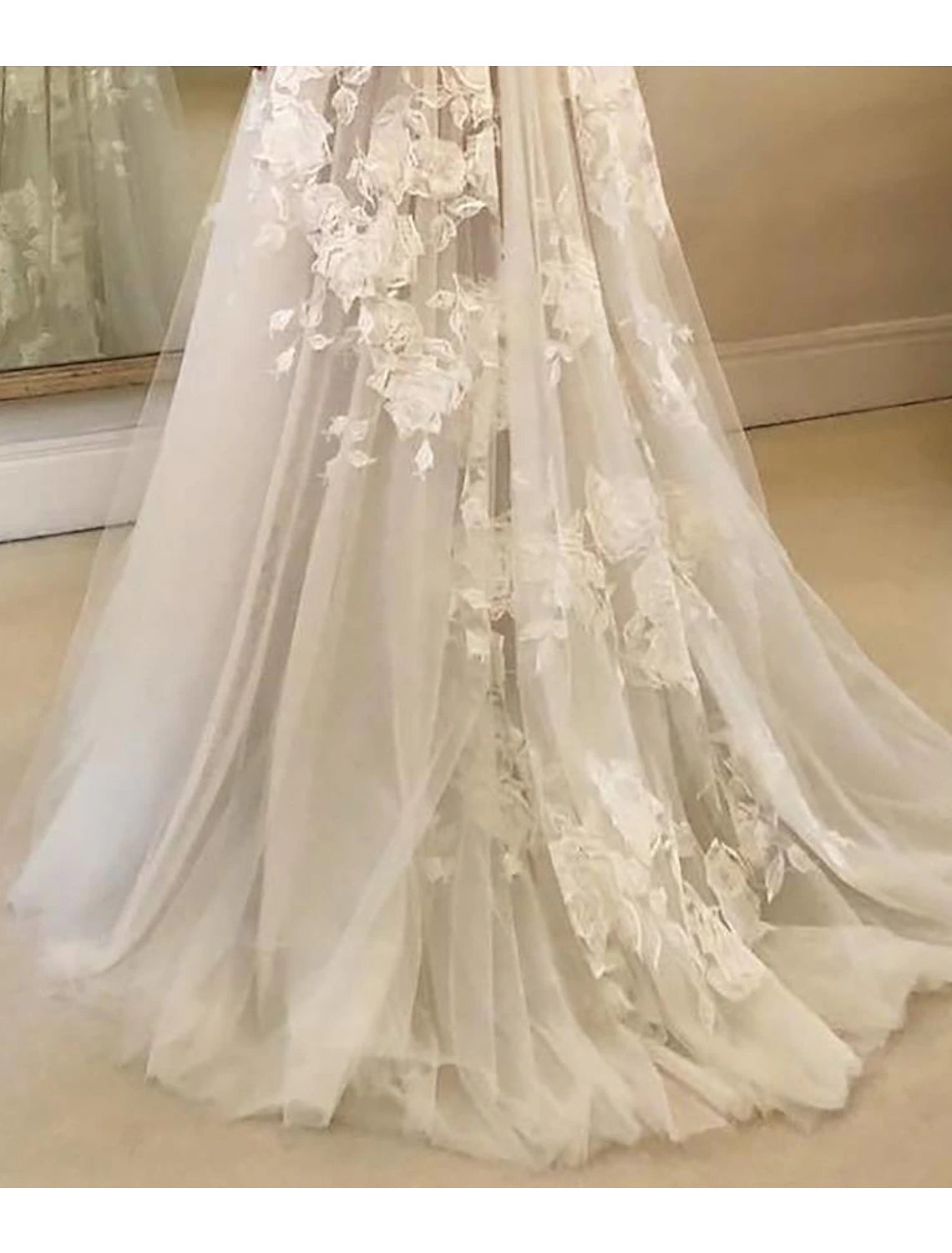Ivory Lace A-Line V-Neck Floor-Length Wedding Dress with Lace Appliqué Bodice