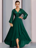 Emerald Glitter V-Neck A-Line High-Low Evening Dress