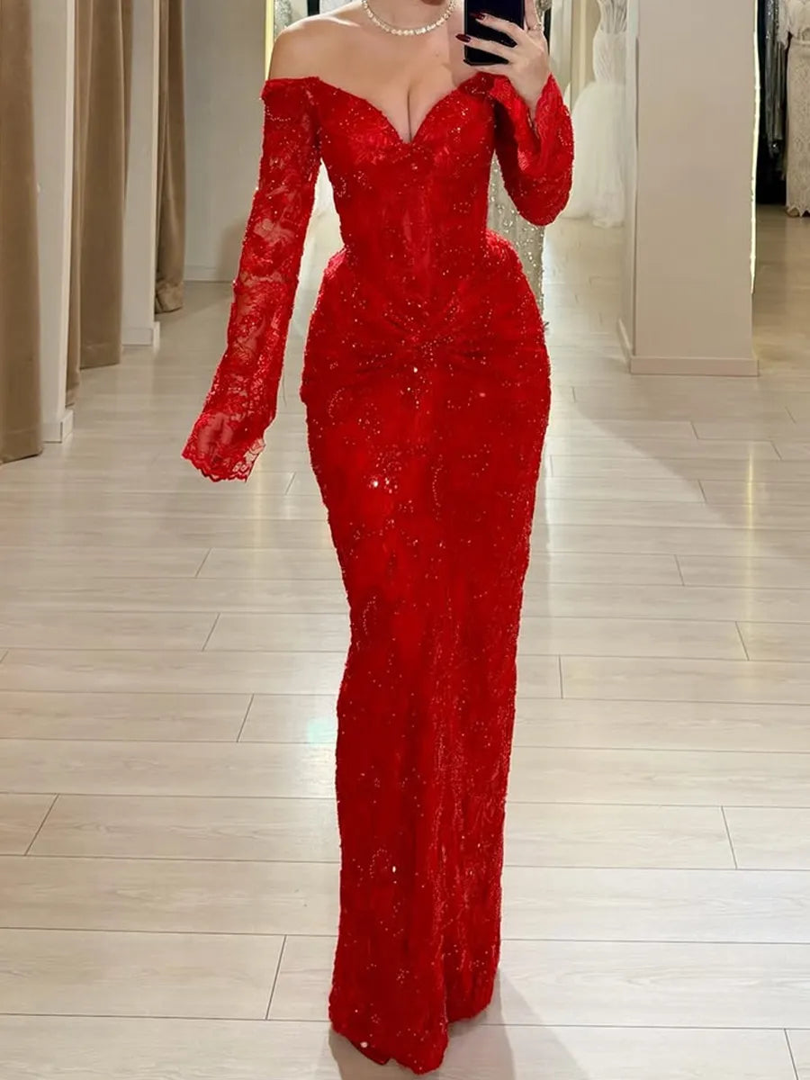Red Beaded Lace Sheath Column Off the Shoulder Low Back Floor Length Dress - Jimiss
