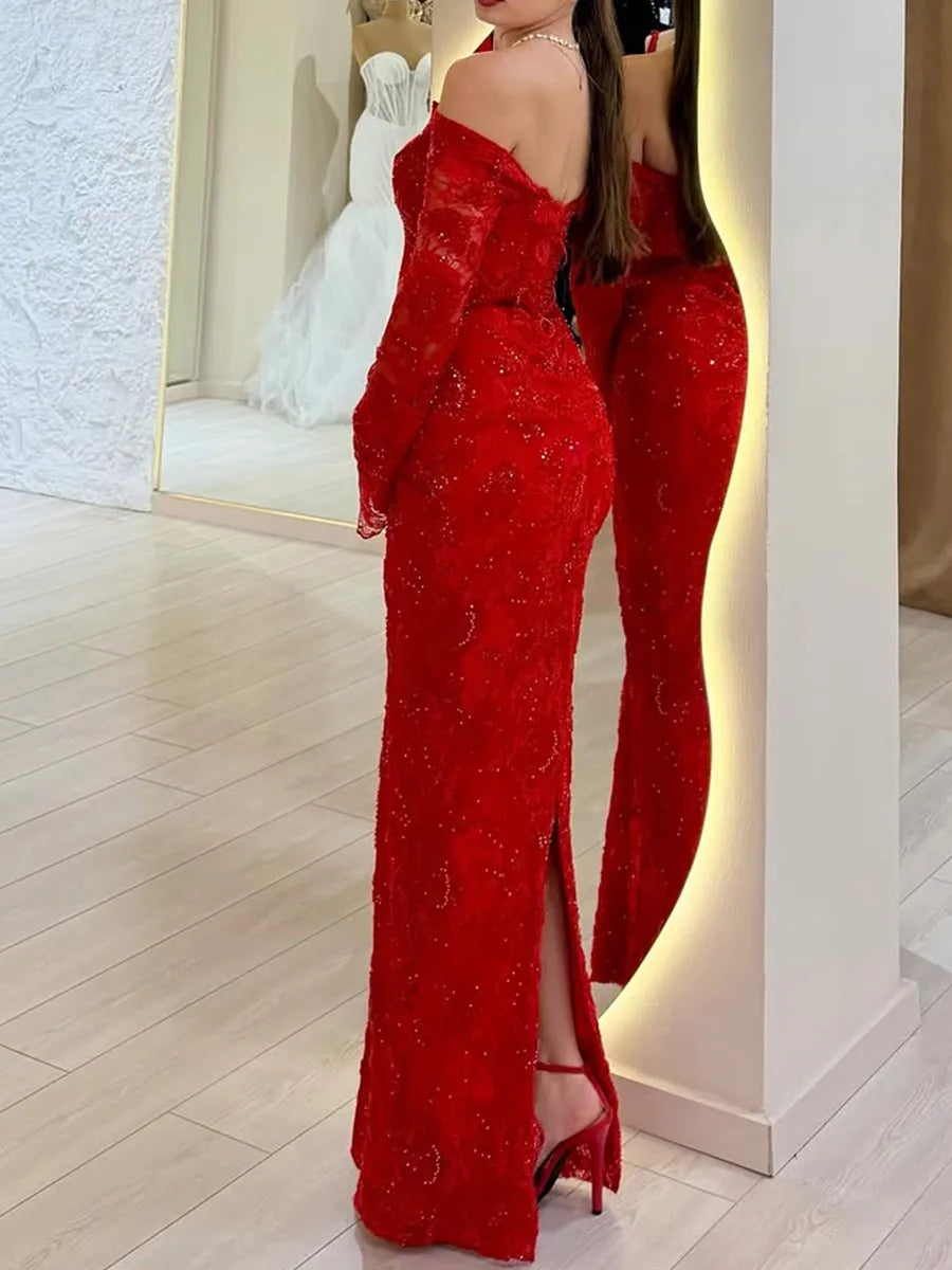 Red Beaded Lace Sheath Column Off the Shoulder Low Back Floor Length Dress - Jimiss