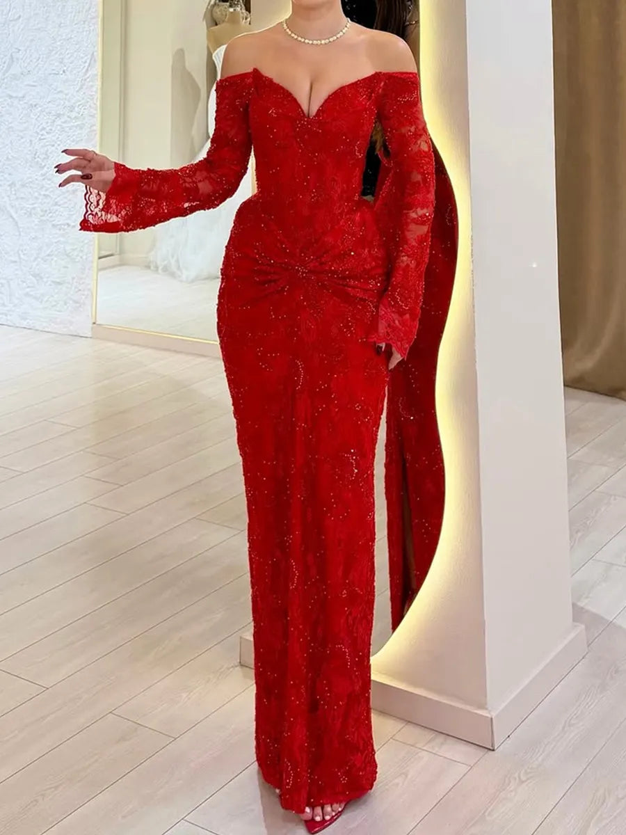 Red Beaded Lace Sheath Column Off the Shoulder Low Back Floor Length Dress - Jimiss