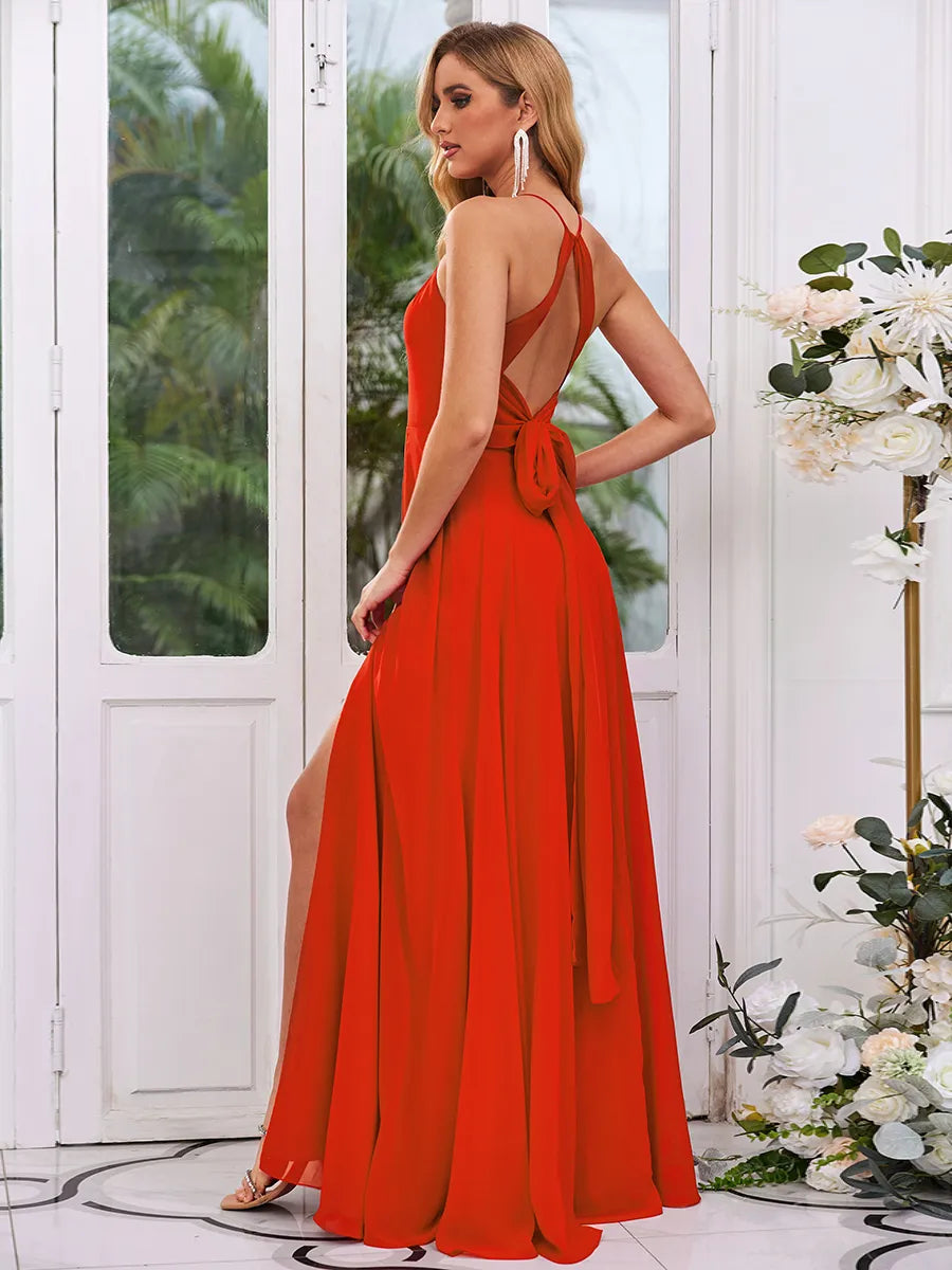 Red Chiffon A-Line Halter Open Back Floor-Length Dress - Jimiss