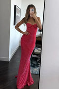 Red Glitter Fabric mermaid sweetheart low-back floor-length Dress Front View - Jimiss