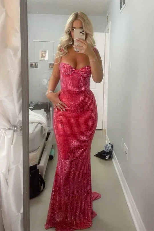 Red Glitter Fabric mermaid sweetheart low-back floor-length Dress Front View - Jimiss