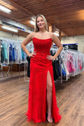 Red Lace Sheath/column Straight Neck Back Zip Floor-Length Dress - Jimiss
