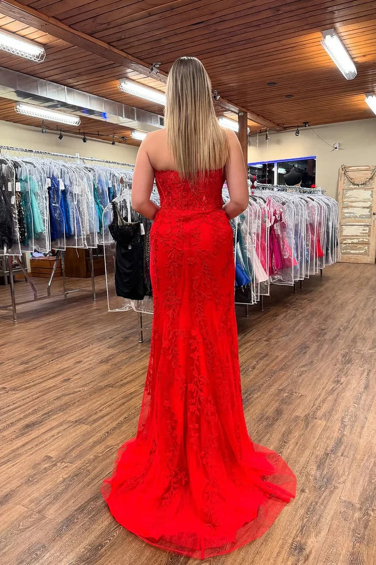 Red Lace Sheath/column Straight Neck Back Zip Floor-Length Dress - Jimiss